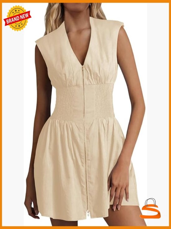 Dresses & Skirts - Sleeveless Zip Front A-Line Mini Dress with Pockets Summer Tank
